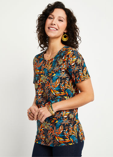 T-shirt droit long manches courtes Imprime Fond Noir