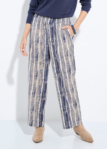 Pantalon fluide élastiqué, imprimé rayé Gris/Ecru