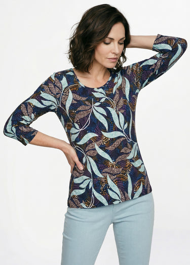 T-shirt droit manches 3/4 imprimé feuillage Imprime/Bleu