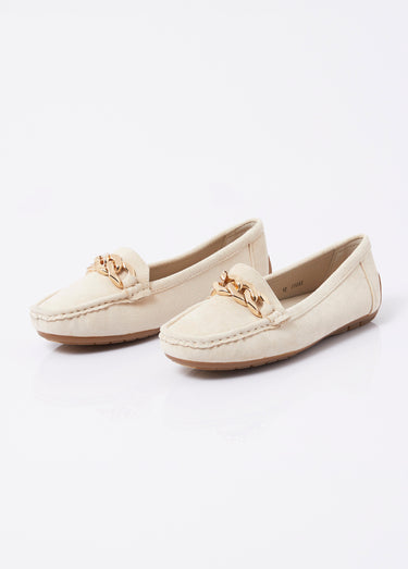 Mocassins suédine, bride maillons métal Beige