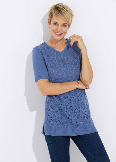 Pull-tunique long col V Bleu