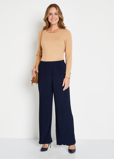 Pantalon large taille élastiquée maille plissée Marine