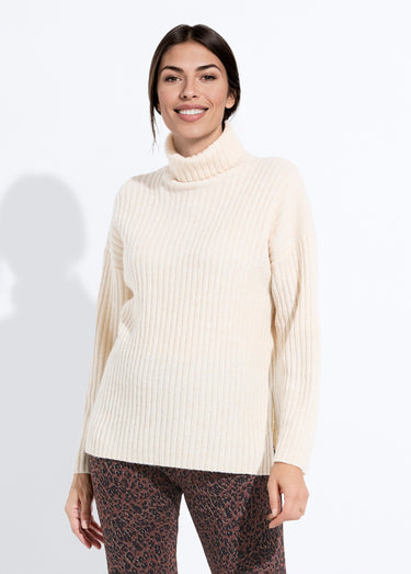 Pull col roulé manches longues descendues Uni Ecru