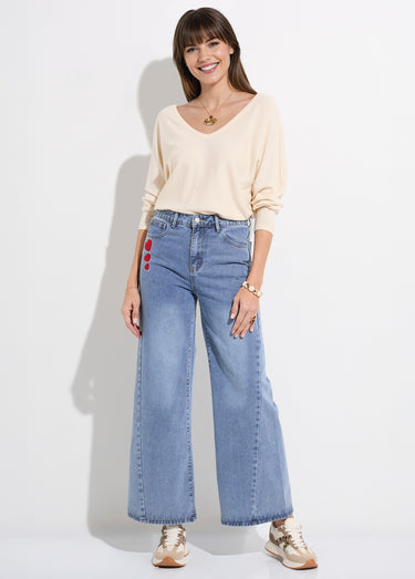 Jean 5 poches large denim broderies cœur Stone