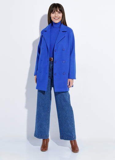 Caban long uni façon drap de laine Bleu Vif