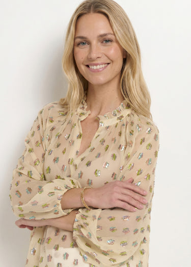 Blouse voile motifs métallisés encolure V Ecru