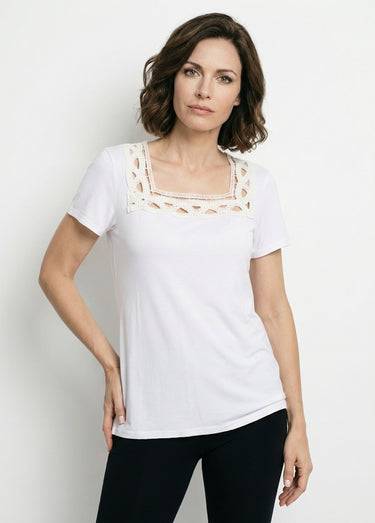 T-shirt long évasé col carré effet brodé Blanc