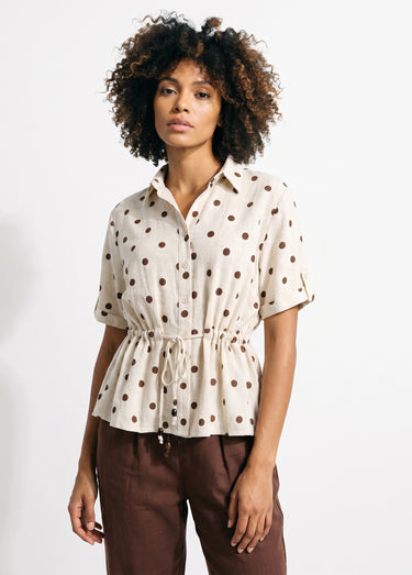 Blouse à pois ceinturée, avec lin Ecru/Marron