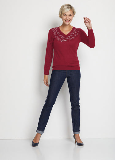 Pull col V strassé manches longues Bordeaux