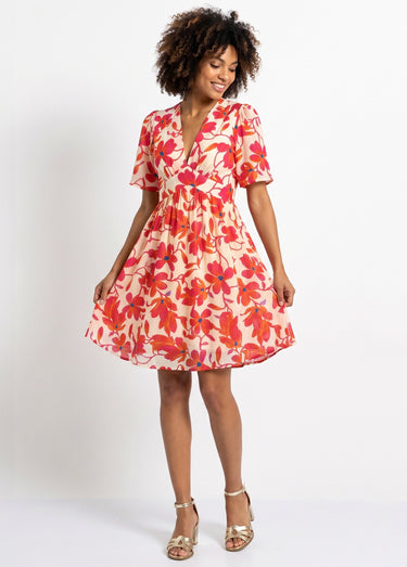 Robe élégante fleurie taille haute Rouge/Ecru