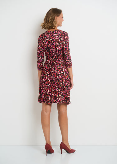 Robe col V taille drapée imprimé fleuri Rouge/Noir