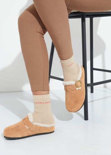 Sabots en cuir suédé, intérieur fourrure Camel