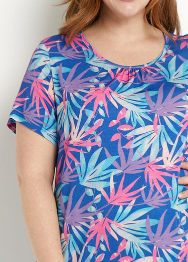 Robe courte droite évasée imprimé feuillage Bleu/Rose