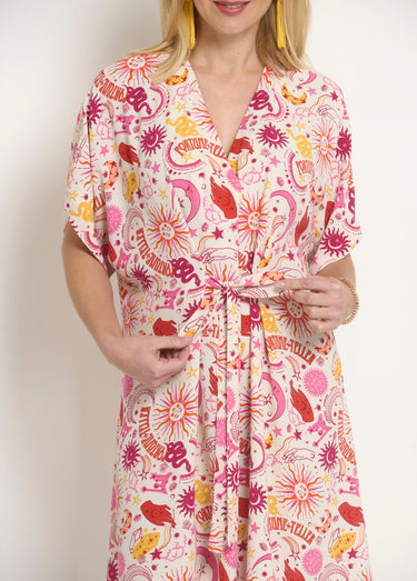 Robe courte col V liens à la taille Ecru/Rose