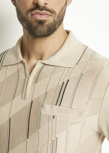 Pull col polo zippé manches longues coton jacquard Beige