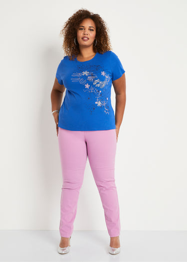 T-shirt long motif fleuri fentes côtés Bleu