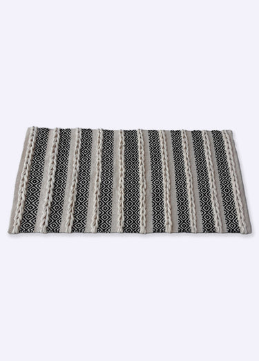 Tapis lirette ethnique rayé, 110x60cm Blanc / Noir