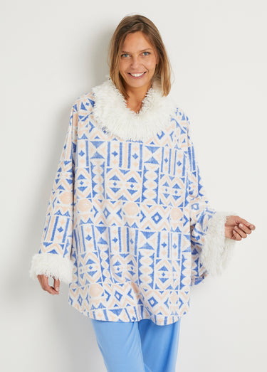 Poncho polaire chaud imprimé col boule Imprime/Bleu