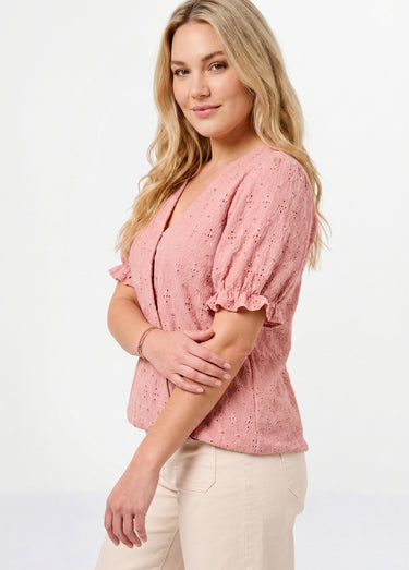 T-shirt cache-coeur blousant broderie Rose