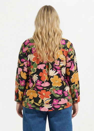 Blouse encolure V motif fleuri vif Multicolore/fond noir