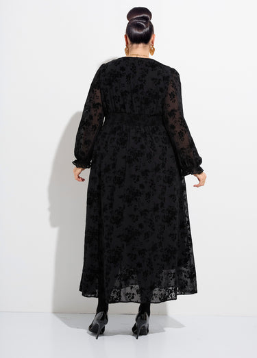 Robe longue col V, voile et motif velours Noir
