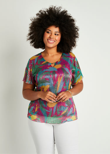 T-shirt court imprimé feuillage doré Fuchsia/Vert