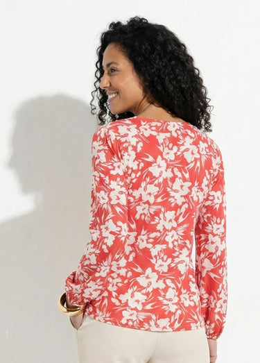 T-shirt col V boutonné évasé imprimé Rouge