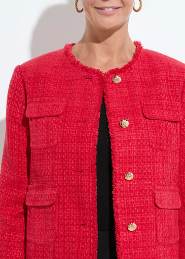 Veste tweed boutonnée frangée sans col Rouge