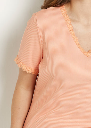 T-shirt col V fines côtes dentelle manches courtes Saumon