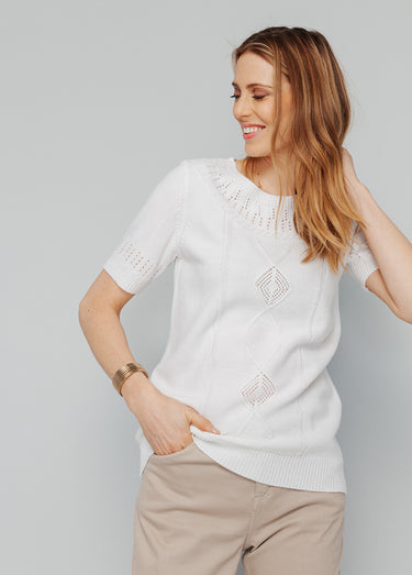 Pull manches courtes, détails ajourés Blanc