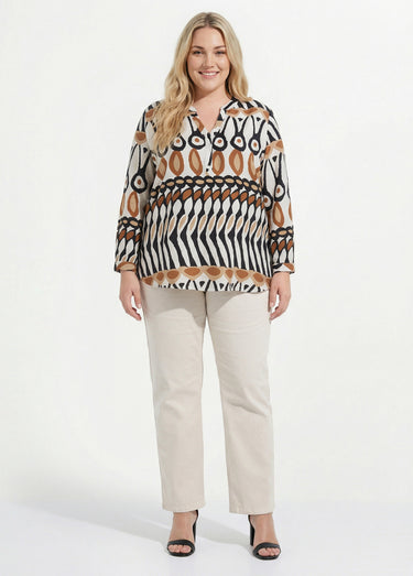 Blouse col V boutonné, imprimé ethnique Imprime Marron