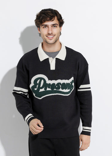 Pull col polo message maille bouclette Noir