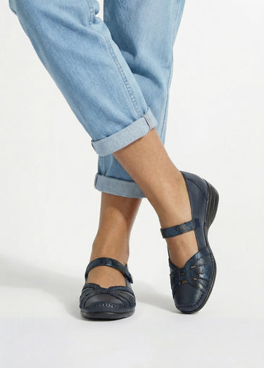 Ballerines largeur confort cuir scratchées Marine