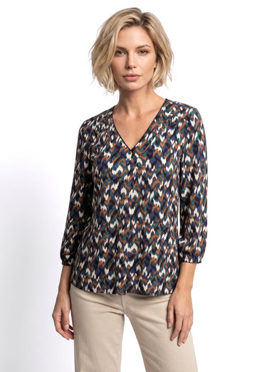 T-shirt ample col V manches 3/4 imprimé graphique Marine/Vert