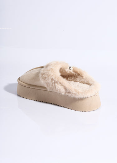 Mules compensées fourrées dessus suédine Beige