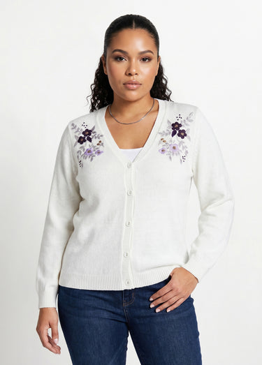 Gilet doux uni col V boutonné court brodé Ecru