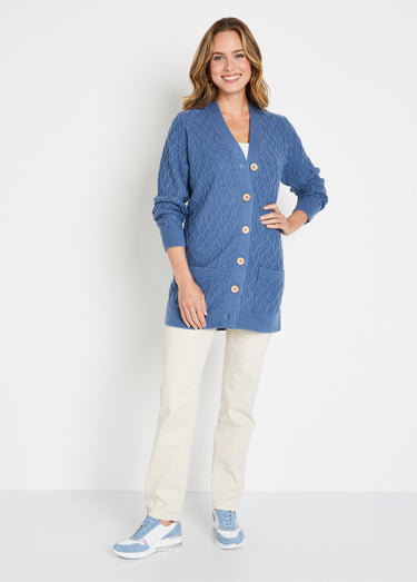 Gilet long boutonné torsades col V Bleu