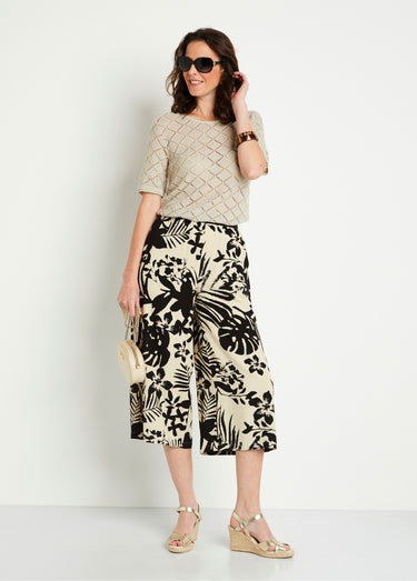 Pantacourt large fluide ceinture élastiquée Noir/Beige