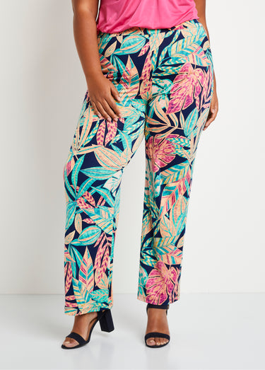Pantalon large ceinture élastiquée feuillage Vert/Rose