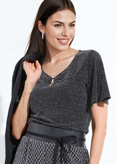 T-shirt brillant manches courtes col rond bijou Noir/Argent