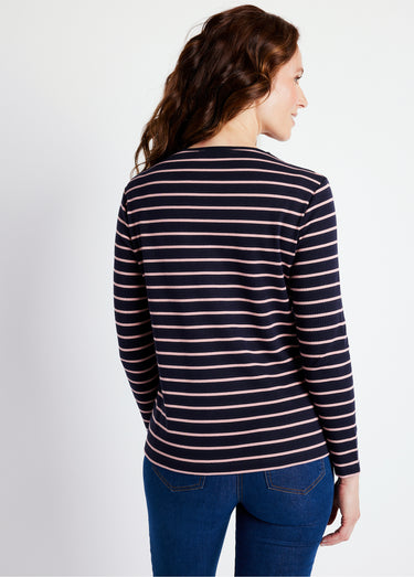 T-shirt marinière court coton manches longues Marine/Rose