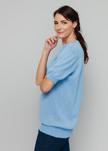 Pull laine mérinos chaud manches courtes Bleu Nuage