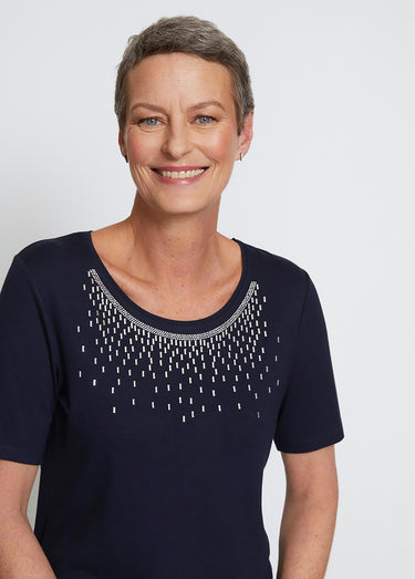 T-shirt jersey fantaisie clouté strass Marine