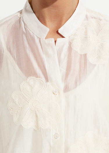 Chemisier en voile, broderies camelias Blanc