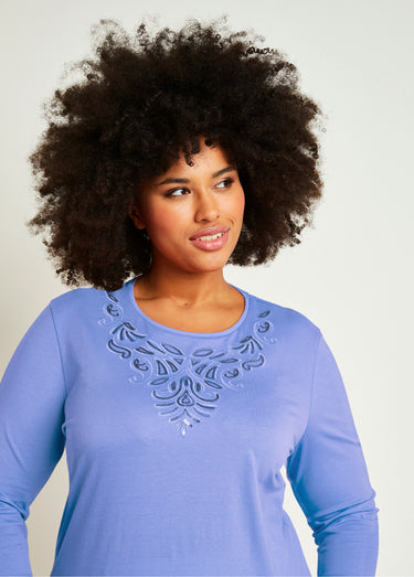 T-shirt court brodé manches 3/4 Bleu