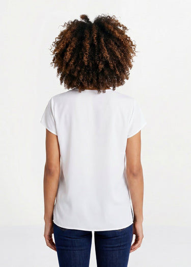 Top long manches courtes broderies col rond Ecru