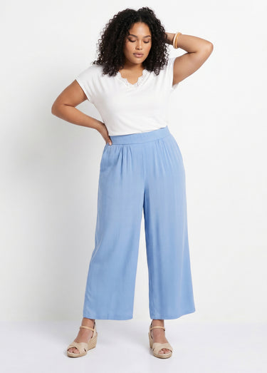 Pantalon large taille élastiquée fleuri ou uni Bleu