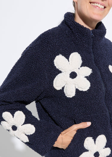 Blouson col montant motif grosses fleurs Marine