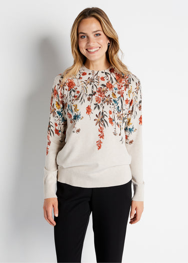Pull imprimé avec strass col montant Fond Beige