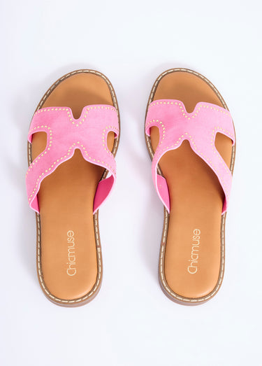 Mules suédine forme H avec clous métal Fuchsia